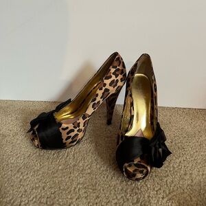 Leopard Print Peep Toe Heels with Black Bow